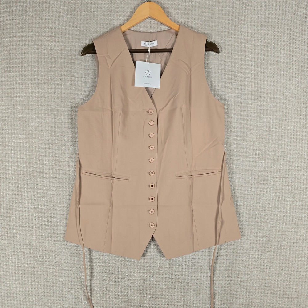 Cicy Bell Womens Tan Button Front V-Neck Sleeveless Blazer Vest Size L NWT